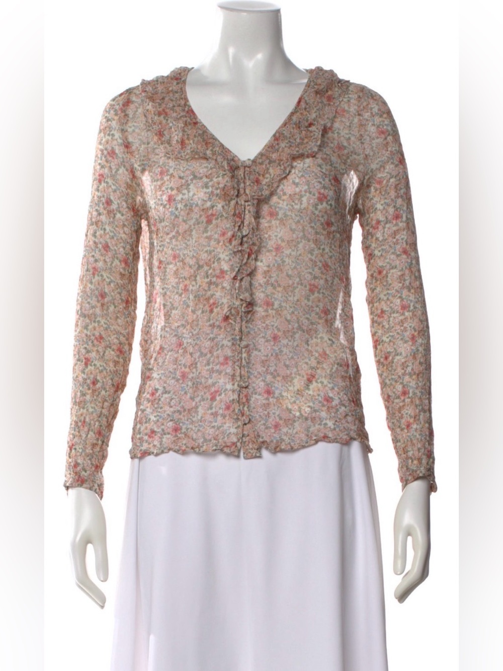 Sezane Sheer Floral Ruffle-Front Blouse - Peach Multi
